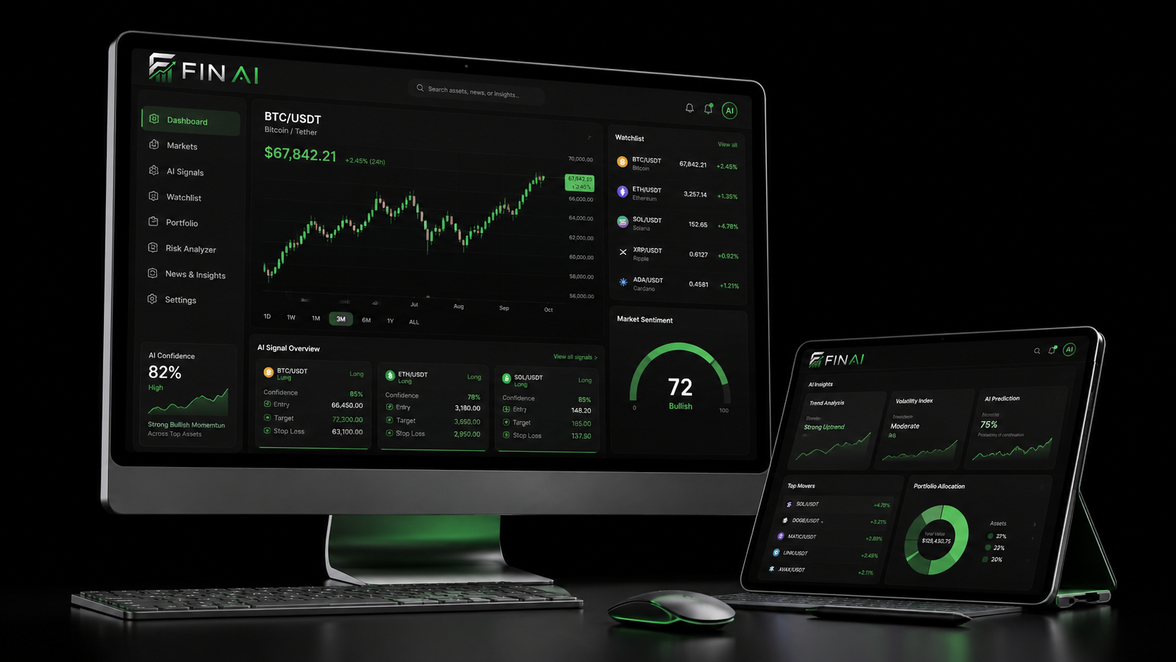 FinAI desktop and tablet platform mockup showing AI-driven trading intelligence and portfolio analysis.